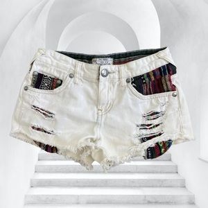 Free People White Aztec Tribal Distressed Denim Shorts